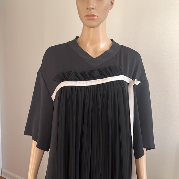 ADEAM Black V-Neck Short Sleeve Pleated Asymmetric Hem Long Tent Dress M - Picture 3 of 16